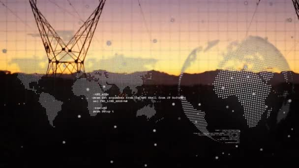Animation Data Processing World Map Globe Electricity Pylons Global Sustainability — Vídeos de Stock