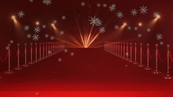Снежинки Иконы Падают Красную Дорожку Золотые Барьеры Огнями Концепция Мероприятия — стоковое видео