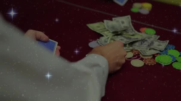 Animation Shining Stars Mid Section Male Croupier Distributing Cards Casino — Stock Video