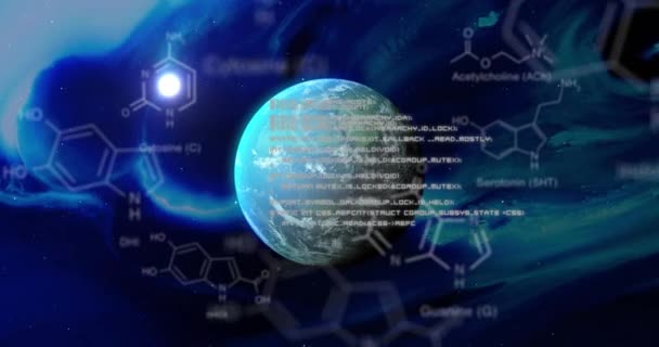 Animation Chemical Formulas Blue Planet Night Sky Moon Planets Science — 图库视频影像