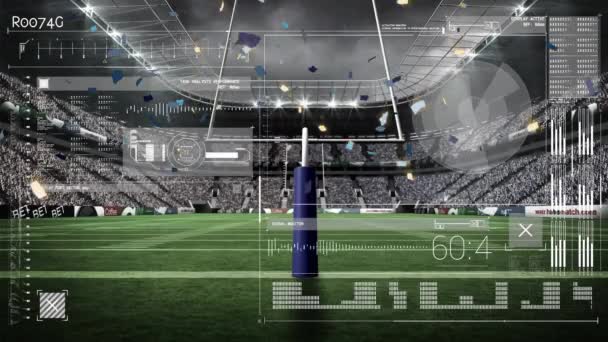 Digital Interface Data Processing Confetti Falling Rugby Goal Post Sports — Vídeo de Stock