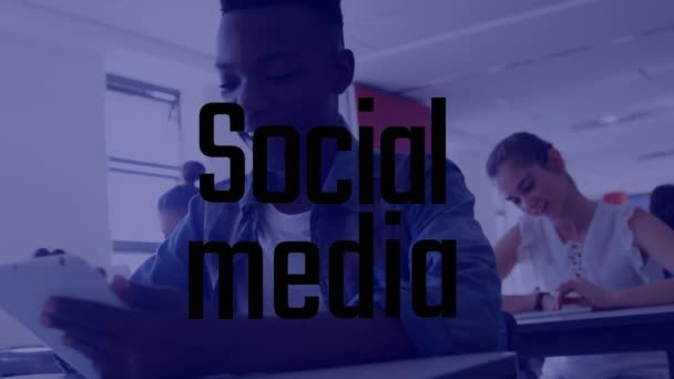 Animation Social Media Text African American Boy Using Digital Tablet — Stock Video