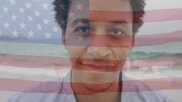 Animation Happy Biracial Man Flag Usa American Patriotism Nation Diversity — ストック動画