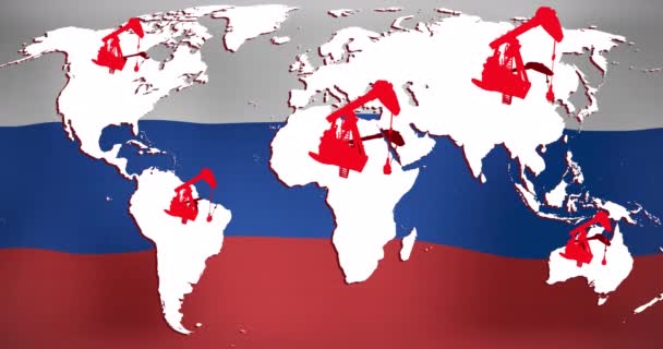 Анимация Карты Мира Насосными Домкратами Над Флагом Страны Нефтяной Бизнес — стоковое видео