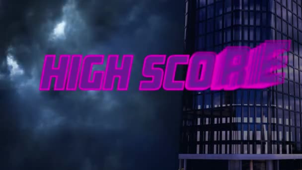 Animation High Score Text Lightning Cityscape Global Social Media Digital — Stockvideo