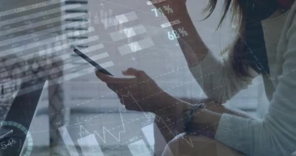Animation Statistics Financial Data Processing Worried Caucasian Woman Using Smartphone — 图库视频影像