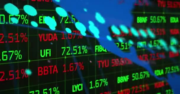 Animation Digital Screen World Map Financial Data Graphs Global Finance — Vídeo de Stock