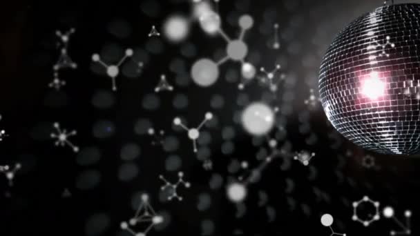 Animation Falling Molecules Glowing Disco Ball Dark Background Music Entertainment — 图库视频影像