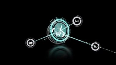 Animation of network of connections with icons over clock. Global business and digital interface concept digitally generated video.