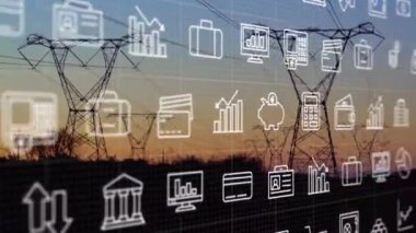 Animation of falling icons map over overhead power lines. Global connections, data processing and digital interface concept digitally generated video.