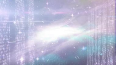 Animation of digital electronic circuit board patterns moving between bar graphs in galaxy. Hologram, digitally generated, multiple exposure, connection, outer space, asteroid, milky way, futuristic.