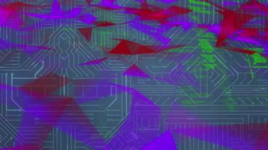 Animation of programming data and abstract red patterns moving over graphical circuit board. Hologram, digitally generated, multiple exposure, coding, futuristic and technology concept.