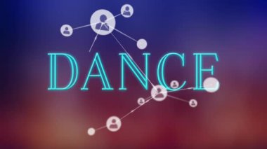 Animation of network of connections with icons over dance text on blue background. Global technology, connections and digital interface concept digitally generated video.
