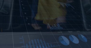 Animation of statistics and financial data processing over people on escalator. Global business, connections, networks and data processing concept digitally generated video.
