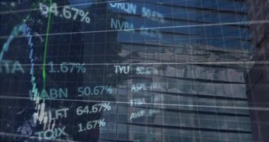 Animation of financial data and graphs over city buildings. Global finance, economy and technology concept digitally generated video.