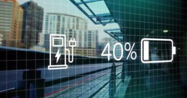 Animation of charging icons over cityscape. Ev charging station for electric car, green energy, eco power, sustainability and co2 reduction concept digitally generated video.