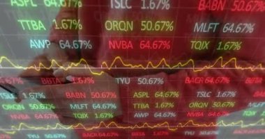 Animation of financial data and graphs over hands of caucasian man using smartphone. Finance, economy, communication and technology concept digitally generated video.
