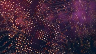 Karanlık arka planda işlemci soketi animasyonu. Dijital olarak oluşturulmuş küresel bağlantılar, veri işleme ve dijital arayüz kavramı.