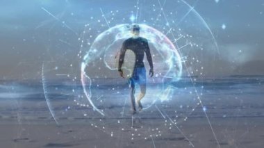 Sahilde yürüyen Afrikalı sörfçülere karşı ışınlarla aydınlatılmış dünyanın animasyonu. Dijital bileşik, çoklu pozlama, dijital arayüz, teknoloji, küresel bilim, refah, spor, eğlence