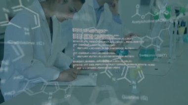 Animation of molecules and data processing over diverse scientists in lab. global science, computing and digital interface concept digitally generated video.