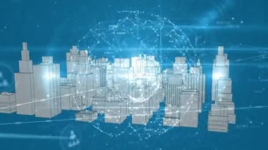 Animation of network of connections with icons over city. Global business and digital interface concept digitally generated video.