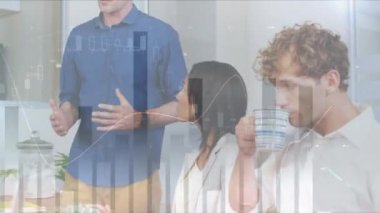 Animation of bar graph over multiracial colleagues discussing during presentation in office. Digital composite, multiple exposure, business, teamwork, data, technology, development, finance, meeting.