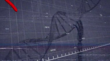 Animation of digital interface over red line, data processing, glitch, dna strand and robot's hand. . Global science, finance and digital interface concept digitally generated video.