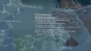 Animation of molecules and data processing over caucasian scientist in lab. global science, computing and digital interface concept digitally generated video.