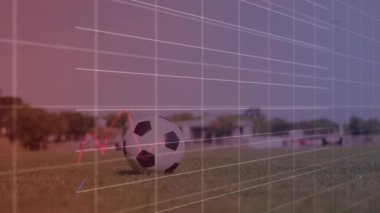 Animation of graphs and financial data over legs of male soccer player with ball on field. Sport, soccer, finance and economy concept digitally generated video.