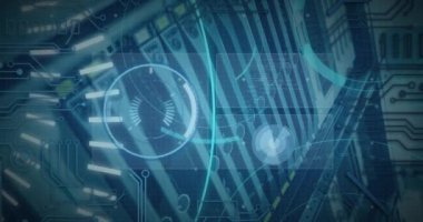 Animation of digital interface over server room. Global business, finances, data processing and digital interface concept digitally generated video.