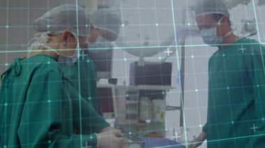 Animation of data processing over caucasian doctors during surgery. global medicine and digital interface concept digitally generated video.