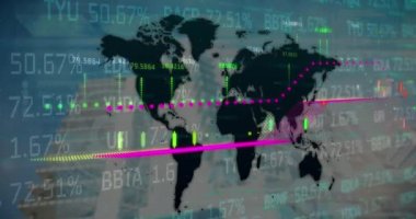 Animation of digital screen with world map, financial data and graphs. Global finance, economy and technology concept digitally generated video.