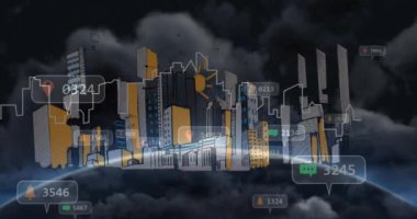 Animation of falling social media icons over cityscape. . Global connections, data processing and digital interface concept digitally generated video.