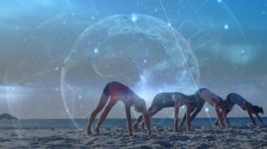 Animation of spinning globe with rays against caucasian friends exercising at beach. Digital composite, multiple exposure, digital interface, technology, global science, wellbeing, togetherness.