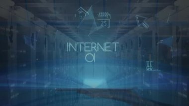 Animation of internet of things text and icons over server room. Global business and digital interface concept digitally generated video.