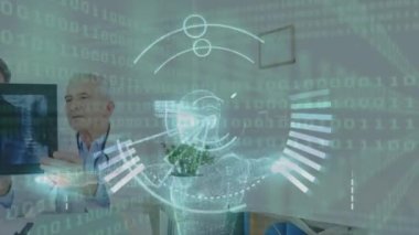Muhtelif doktorlar üzerinde tarama yaparak veri işleme animasyonu. Küresel tıp, bilgisayar ve dijital arayüz kavramı dijital olarak oluşturulmuş video.