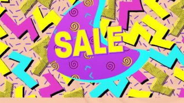 Animation of sale text over lines, spiral shapes, colorful abstract template. Digital composite, advertisement, communication, illustration, holiday and seasonal, marketing, creativity, sign concept.