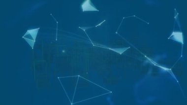 Animation of globe of network of connections over 3d cityscape spinning on blue background. global connections and development concept digitally generated video.