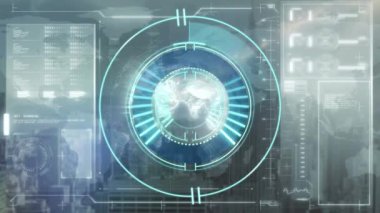 Animation of scope scanning over data processing and cityscape. global technology, data processing and digital interface concept digitally generated video.