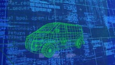 Animation of van with graphical user interface moving over programming data and grid pattern. Digitally generated, multiple exposure, automobile, futuristic, technology, artificial intelligence.