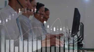Animation of caucasian customer service operators using headsets in office, bar graph in foreground. Digital composite, multiple exposure, business, service, teamwork, data, technology, development.