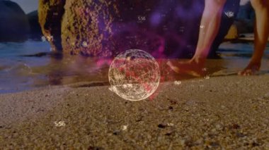 Animation of globe and connections over legs of caucasian woman walking at sea. sports, healthy, active lifestyle, connections and technology concept digitally generated video.