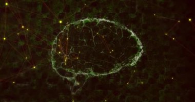 Animation of human brain and network of connections over dark background. Global connections, data processing and digital interface concept digitally generated video.