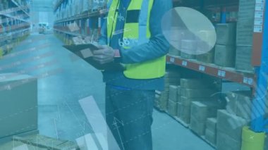 Animation of graphs over caucasian male warehouse worker. Business, finance and delivery services concept digitally generated video.