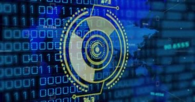 Animation of yellow circle with numbers over binary code. Computers, data processing and technology concept digitally generated video.