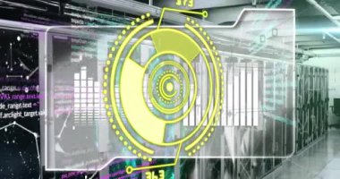 Animation of scope scanning with numbers and data processing over computer servers. Global data processing and digital interface concept digitally generated video.