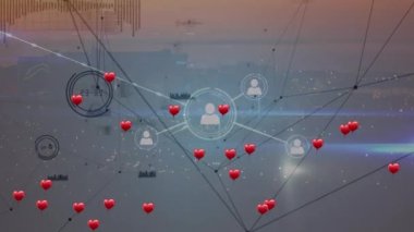 Animation of red hearts and network of connections with people icons. global social media, love, networking, connections and digital interface concept digitally generated video.
