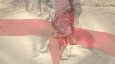 Animation of red dots and flag of englands over caucasian male soldier marching. Army, soldiers and patriotism concept digitally generated video.