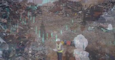 Animation of data processing over junkyard. Global science, connections, data processing and digital interface concept digitally generated video.