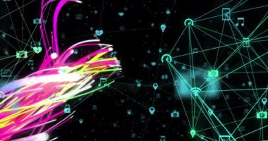 Animation of wavy lights and connections on black background. Network, connections and technology concept digitally generated video.